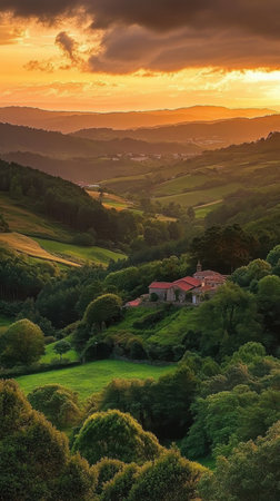 As the sun sets, the Serra do Xistral mountains glow with golden light, casting a warm hue over the verdant hills and serene forests of Galicia, creating a picturesque rural view.の素材