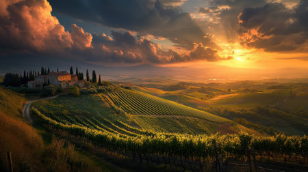 A stunning sunset casts golden light over lush vineyards, featuring a charming farmhouse set against a backdrop of rolling hills. The sky is filled with dramatic clouds.の素材
