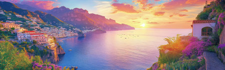 A vibrant sunset casts warm colors over the Amalfi Coast, highlighting the picturesque villages of Positano and Ravello along the cliffs, with the Mediterranean Sea below.の素材