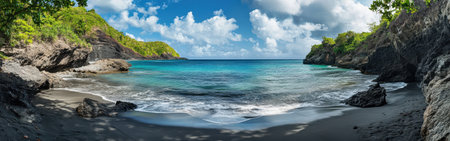 A tranquil black sand beach is flanked by rocky cliffs and vibrant greenery, as gentle waves lap at the shore beneath a picturesque blue sky with scattered clouds.の素材