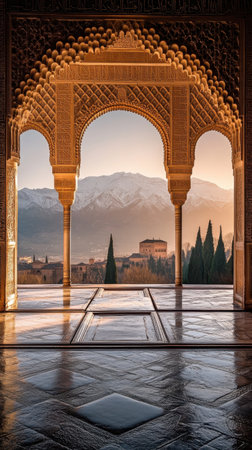 The Alhambra Palace shines in golden sunset light, revealing its detailed Moorish design. The snow-capped Sierra Nevada mountains create a breathtaking backdrop in Granada.の素材