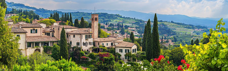 A picturesque Tuscan villa is enveloped by lush gardens and hills, showcasing vibrant greenery and colorful flowers against a dramatic overcast sky.の素材