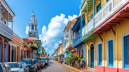 Colorful colonial buildings line the streets of Cartagena, Colombia, where locals and visitors enjoy the warm weather, lively atmosphere, and charming surroundings.の素材