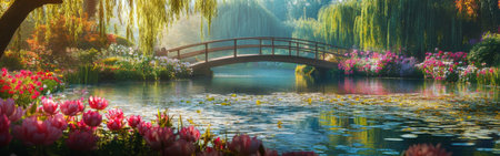 A peaceful morning unfolds in a vibrant garden where a wooden bridge crosses tranquil waters. Colorful flowers bloom around the edges, creating a picturesque setting.の素材