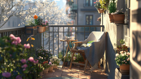 On a bright March morning, a cozy balcony garden invites relaxation with potted plants, a chair, a blanket, and someone savoring tea while reading.の素材