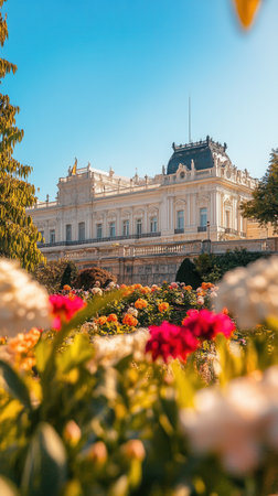 A colorful array of flowers in the foreground frames a majestic historic building basking in sunlight, showing its architectural beauty against a clear sky.の素材