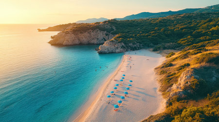 A serene beach at sunset features empty umbrellas set up along the golden sand, while calm waters reflect the colorful sky. Cliffs and greenery provide a stunning backdrop.の素材
