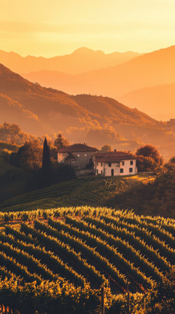 Rows of grapevines stretch across rolling hills in the Collio region, illuminated by golden sunset hues, showing the agricultural charm of Friuli Venezia Giulia.の素材