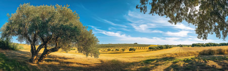 Experience the serenity of Salento's olive groves, where gnarled trees stand amidst golden fields, all bathed in the warmth of a clear blue sky, reflecting Puglia's agricultural richness.の素材