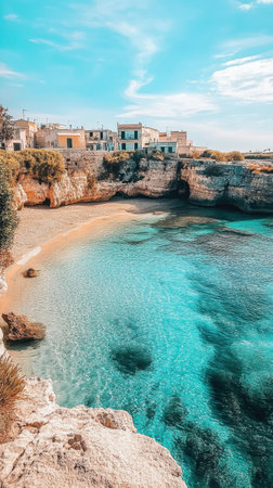 A tranquil beach features inviting turquoise waters lapping against the shore, framed by rocky cliffs. Quaint buildings overlook the scene, creating a picturesque coastal atmosphere.の素材