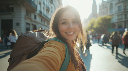 A traveler grins widely while taking a selfie on a lively city street filled with people. The warm sunlight creates a picturesque backdrop as she explores the vibrant atmosphere.の素材