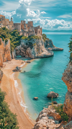 The serene landscape features a stunning beach with golden sand, crystal-clear turquoise waters, and ancient ruins perched atop the cliffs under a bright blue sky.の素材