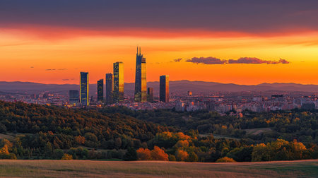 A vibrant sunset casts warm colors over the skyline of a bustling city, framed by rolling green hills. The buildings shine against the darkening sky, showcasing urban vitality.の素材