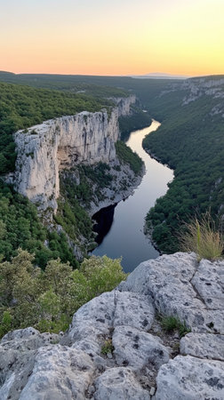 The Ardche Gorges reveal dramatic limestone cliffs towering over a serene winding river, illuminated by the soft light of late afternoon, showing nature's grandeur.の素材