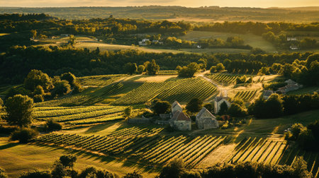 The golden hues of sunset illuminate a sprawling vineyard, surrounded by gentle hills and rustic architecture. This idyllic setting showcases nature's tranquility in a picturesque countryside.の素材