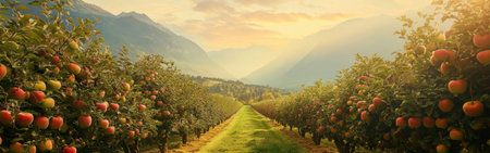 The tranquil setting features rows of lush apple trees heavy with ripe fruit, bathed in the warm glow of the setting sun against a backdrop of towering mountains and gentle hills.の素材