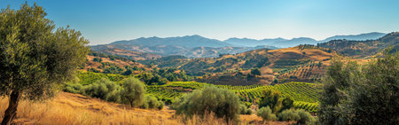 Golden hour casts a warm glow over lush vineyards and sprawling hills in this tranquil rural setting, highlighting the beauty of nature and agriculture.の素材