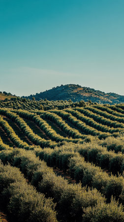 Endless rows of olive trees stretch across the hills of Jan, basking in sunlight beneath a clear blue sky, highlighting the region's rich agricultural landscape.の素材