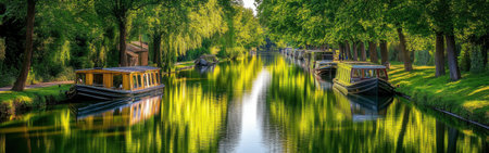 A tranquil canal reflects bright green foliage and sunlight, showcasing boats gently moored along its banks. The scenery highlights the beauty of nature in this peaceful setting.の素材