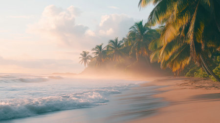 As dawn breaks over the French Guiana coastline, soft waves kiss the sandy shore, while mist rises from the ocean and palm trees sway gently in the warm breeze.の素材