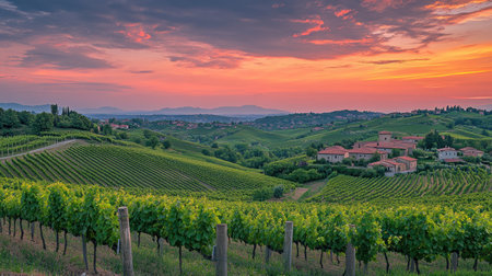 A breathtaking sunset casts vibrant colors over expansive vineyards in the countryside, showcasing rolling hills and quaint homes in the distance.の素材