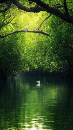 Dense greenery frames the calm waters in Mayotte's mangrove forests, where exotic birds perch on branches, reflecting the region's ecological beauty.の素材