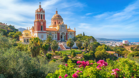A magnificent church stands majestically on a hillside, framed by vibrant flowers and palm trees, with a breathtaking coastal view under a clear blue sky.の素材