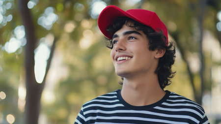A cheerful young man with curly hair is standing outside in a park, wearing a striped shirt and a red cap. He smiles brightly as he enjoys the sunny day and greenery around him.の素材