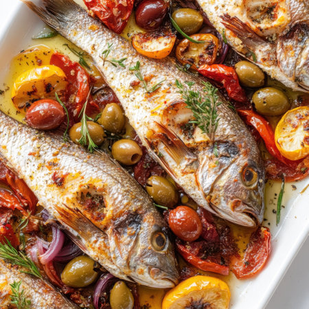 Three whole fish are beautifully arranged on a platter, accompanied by olives, tomatoes, and herbs. The vibrant colors and fresh ingredients create an appealing meal ready to enjoy.の素材