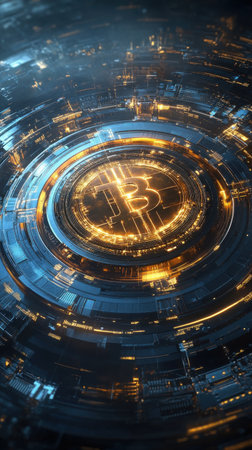 A detailed visualization of the Bitcoin symbol is surrounded by complex circuit patterns and glowing lights. This composition evokes a sense of advanced technology and digital currency.の素材