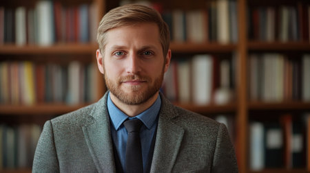 A well-dressed man with a beard presents a confident demeanor in an office or library setting. His formal attire and warm expression suggest a professional environment focused on learning.の素材