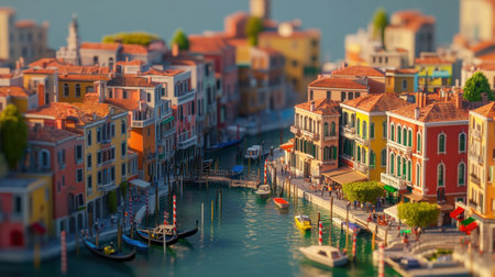 Colorful buildings line the tranquil canals, with boats gently floating on the water as people enjoy the beautiful day. Lush greenery adds to the serene ambiance of this Italian locale.の素材