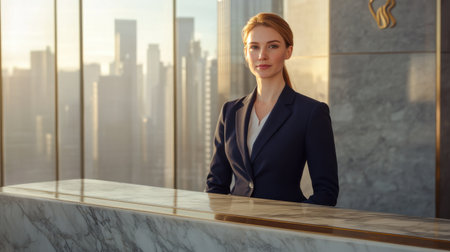A business professional is positioned at a sleek marble reception desk, offering a confident expression. The backdrop showcases a stunning city skyline during golden hour.の素材