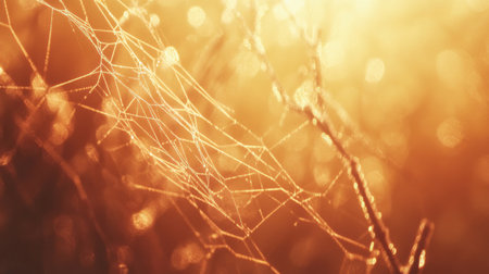 Sunlight filters through the branches as it casts a warm glow on a finely woven spider web. The early morning light creates a stunning, ethereal atmosphere filled with golden hues.の素材