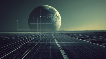 A distant planet looms large in the sky above a vast, grid-like terrain that extends into the horizon.の素材