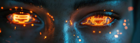 A mesmerizing close-up of human eyes showcases intricate, glowing circuit patterns reflecting in the irises.の素材