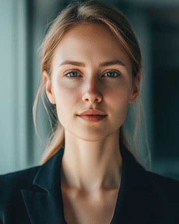 A young woman with long, blond hair and a confident expression stands indoors, illuminated by soft natural light. She wears a dark blazer and gazes directly at the viewer.の素材