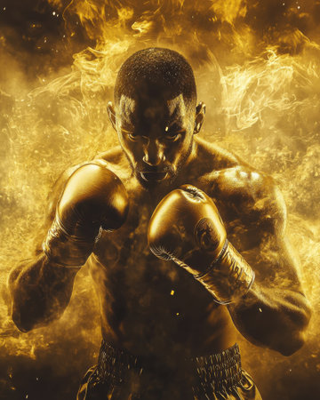 A boxer stands confidently with boxing gloves raised, surrounded by a dynamic golden haze. This powerful moment captures the intensity of pre-fight training in a dramatic setting.の素材