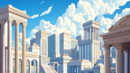 A sprawling ancient city features grand columns, towering structures, and intricate architecture. The vibrant blue sky and fluffy clouds create an enchanting atmosphere that captivates the viewer.の素材