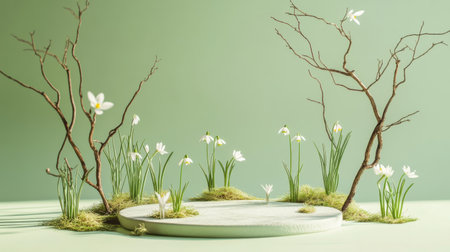 A minimalist arrangement features delicate white flowers and bare twigs set against a pale green background, evoking tranquility and natural beauty.の素材
