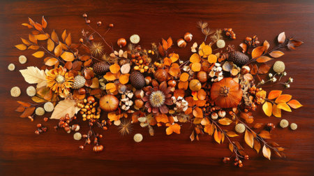 Vibrant autumn display with various pumpkins, colorful leaves, and natural decorations arranged artfully on a rich wooden table, evoking a warm seasonal atmosphere.の素材