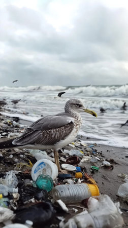 A seagull is perched on littered sand at a beach covered in plastic debris, as waves crash nearby under an overcast sky. The scene highlights environmental pollution.の素材