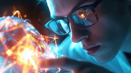 A young man focuses intently on a glowing digital sphere, his glasses reflecting intricate patterns. The dark surroundings highlight the vivid colors and dynamic shapes emanating from the sphere.の素材