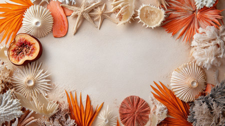 An array of seashells, starfish, and coral pieces in vibrant colors forms a stunning decorative border around a blank space, showing the beauty of ocean elements in a creative display.の素材