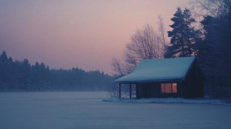 A tranquil winter evening showcases a small, dark wooden cabin with glowing windows near a frozen lake. The surrounding landscape is shrouded in mist, and trees frame the scene.の素材