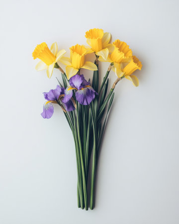 A vibrant bouquet yellow features daffodils mixed with purple irises, showing their colors against a soft, neutral background. The flowers are freshly cut and standing upright.の素材