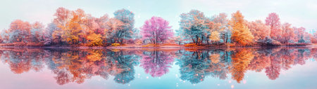Vibrant autumn trees in shades of pink, orange, and teal stand tall along the water's edge. Their colorful reflections create a dreamy landscape in the early morning light, enhancing nature's beauty.の素材
