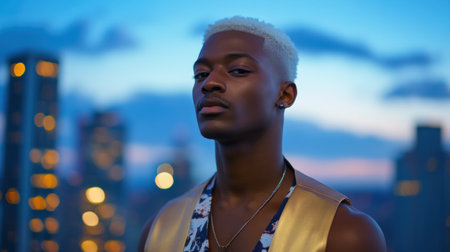 A young man stands confidently on a rooftop as the sun sets, dressed in stylish attire with an urban skyline illuminated in the background. The vibrant colors enhance the mood.の素材