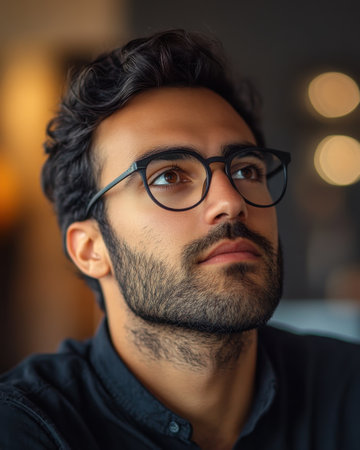 A young man with dark hair and stylish glasses is gazing thoughtfully upwards while relaxing in a warm, inviting cafe during the evening, surrounded by soft lighting.の素材