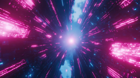 A striking abstract scene depicts a tunnel of vibrant lights in shades of pink and blue, converging towards a bright center, creating a mesmerizing visual effect.の素材